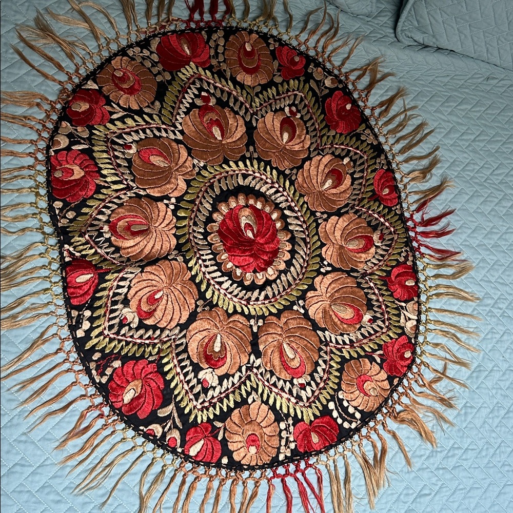 Antique Hungarian Embroidered 36” Handmade Matyo Textile Wall Hanging Tablecloth